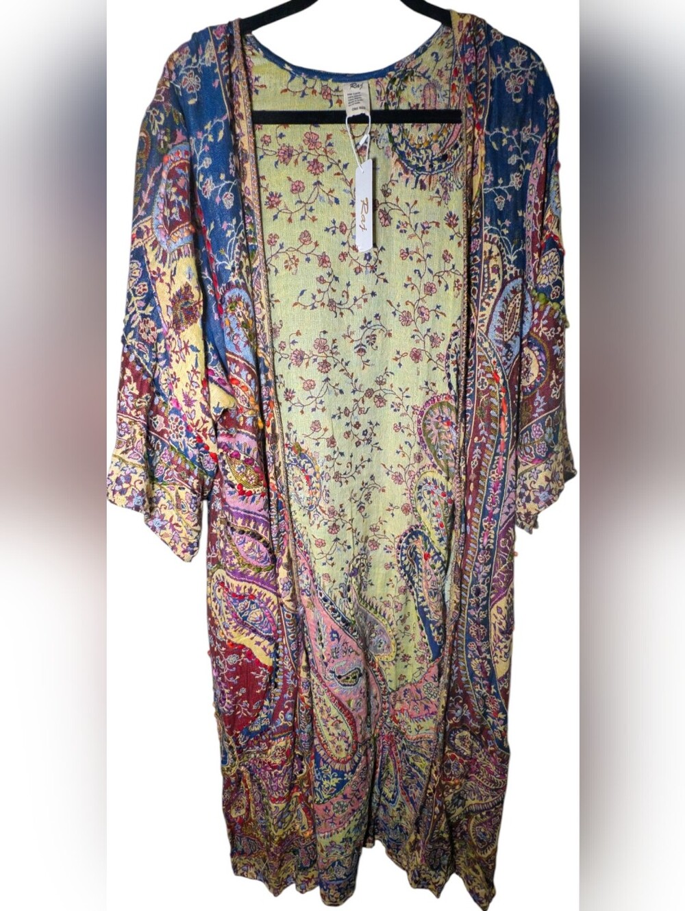 Raj NWT Embroidered Boho Paisley Kimono Duster One Size Green Blue